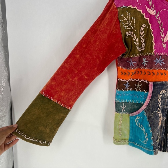 MPC Colorful Patchwork Embroidered Stitching Sip Front Hooded Jacket Artsy - Picture 10 of 17